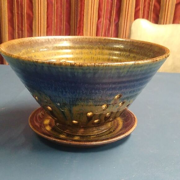 Vibrant Blue and Gold Handcrafted Stoneware Berry Bowl from Blanket Creek - Picture 1 of 8